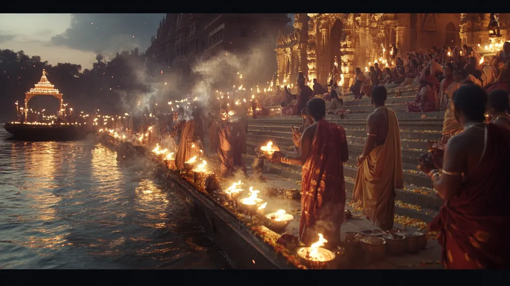 A large group of people are gathered on the steps of a temple, holding candles and offering prayers. A small boat is on the water in the foreground, and the reflection of the lights is visible in the water. The scene is lit by the flickering flames of the candles and the glow of the temple.  The atmosphere is peaceful and spiritual.  The scene is likely a religious ceremony or festival.