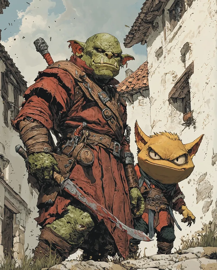 A large, green-skinned Orc with a large, toothy grin, wearing a red tunic and leather armor, stands in a cobbled alleyway.  He grips a large, curved sword and stares directly at the viewer. Behind him stands a smaller, yellow-furred creature with a mischievous look on its face.  The creature also wears leather armor, a red tunic, and appears to be carrying a dagger. The alleyway is bordered by old, white stone buildings.  The sky is cloudy.  The image is a fantasy illustration.
