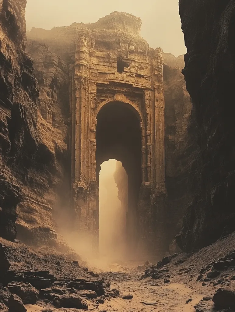 A large, ancient archway stands in the middle of a desolate, sandy canyon. The archway is made of weathered stone and is surrounded by towering rock formations. The light is hazy and dusty, giving the scene a mysterious and ethereal quality. The path leading through the archway is obscured by a haze of dust and sand. The image evokes a sense of wonder and adventure, and suggests the presence of an ancient civilization.