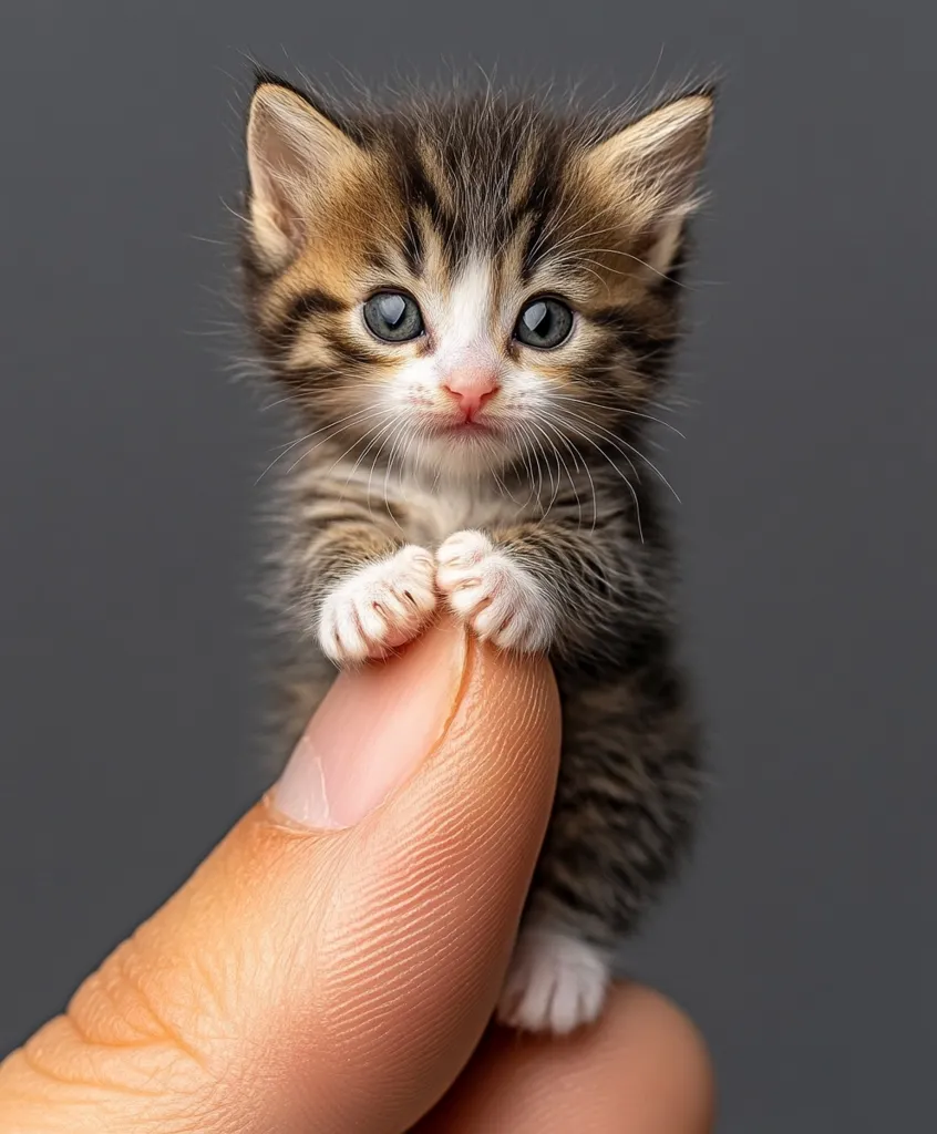 A tiny kitten with soft brown and white fur sits perched on a human finger.  Its big, blue eyes stare directly at the camera, giving the impression it is looking at the viewer.  The kitten's small, pink nose and white paws are prominent, emphasizing its youthfulness.  The kitten's pose suggests it may be curious or unsure, but its overall appearance is one of sweetness and innocence. The background is a simple, muted gray, which allows the kitten to be the focal point of the image.