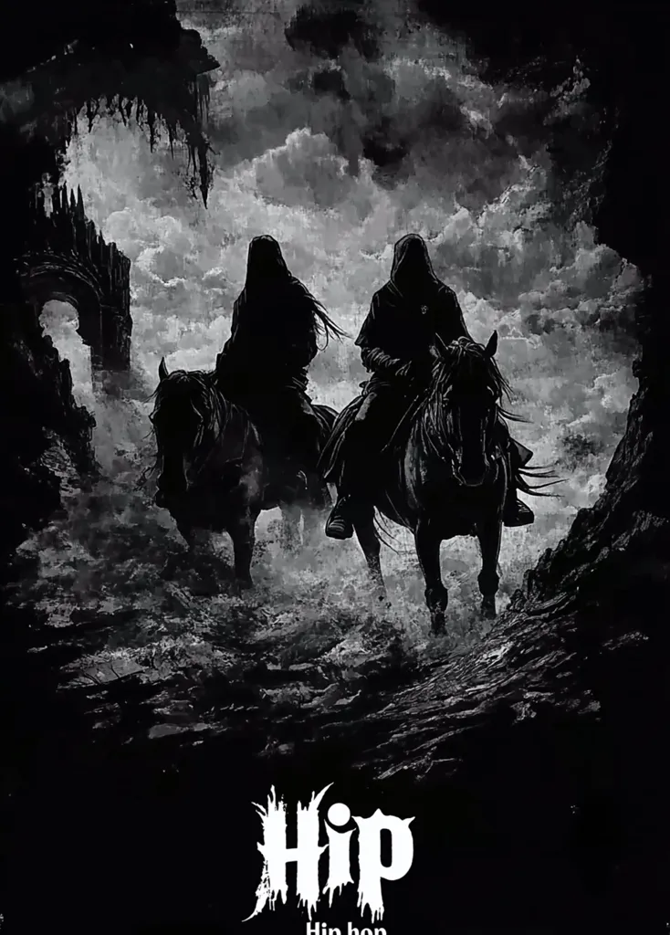 The image depicts two figures in hooded cloaks riding horses through a dark and foreboding landscape. The background features a large stone archway and a cloudy sky, creating a sense of mystery and danger. The figures are silhouetted against the ominous sky, and their faces are hidden by their cloaks, adding to the sense of secrecy and intrigue. The word \