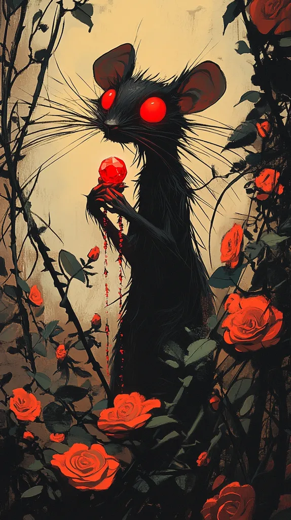 A black rat with glowing red eyes stands in a garden of thorns and roses. It holds a large red gem in its front paws, and crimson drops fall from it like blood.  The creature's dark fur contrasts with the vibrant red of the flowers, creating a stark and mysterious scene. The background is a muted yellow, adding to the eerie atmosphere.