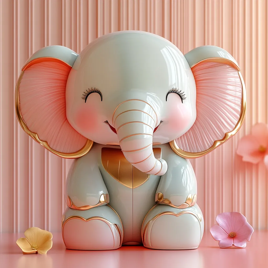 The image shows a cute, cartoon elephant figurine with a light blue body, pink ears with gold trim, and a big, happy smile. It has closed eyes and is sitting on a pink background with some flowers scattered around it. The figurine has a delicate, stylized design and a cheerful, innocent expression.