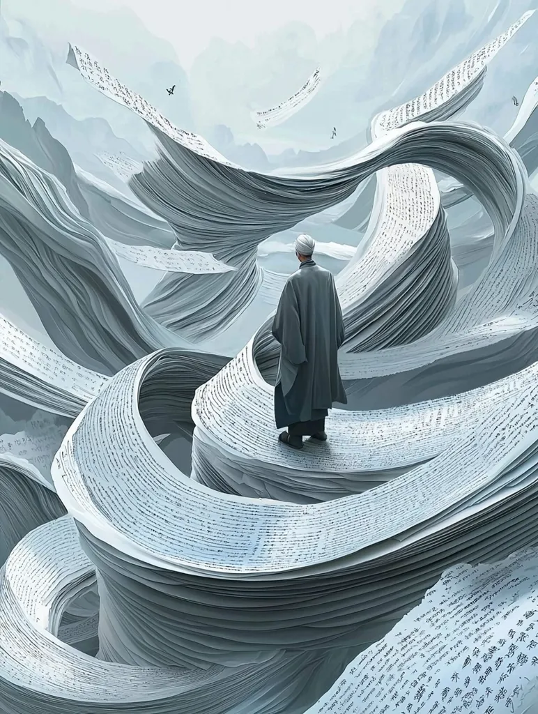 A lone figure stands on a winding path formed by a massive stack of paper, seemingly made of countless books,  Each sheet is covered in intricate script, suggesting a vast and ancient knowledge. The figure, dressed in a simple robe, gazes into the distance, surrounded by a swirling landscape of paper, a powerful and abstract image of knowledge and the pursuit of wisdom.