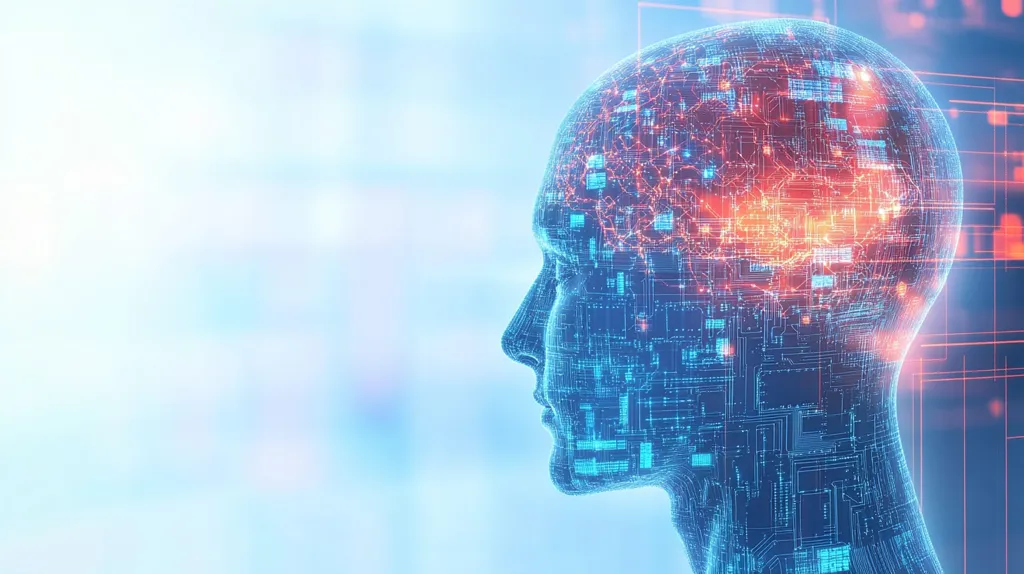 The image shows a digital representation of a human head. The head is made up of intricate circuit board-like patterns, with glowing blue and red lines. The background is blurred and has a light blue hue. The image suggests the concept of artificial intelligence and the connection between technology and the human mind.  The bright colors and complex patterns create a visually striking image that captures the essence of this modern-day topic.