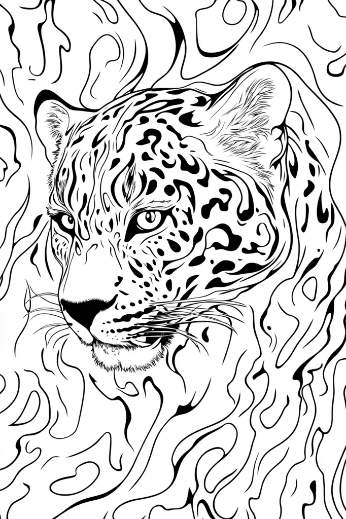 The image is a black and white illustration of a jaguar's face. The jaguar's fur is patterned with spots. The jaguar's face is in focus, and the background is blurred. The background appears to be a forest, and the lines in the background resemble tree trunks and branches. The image evokes feelings of mystery and danger.  The lines are detailed and intricate. The image is drawn in a style that resembles a tattoo.
