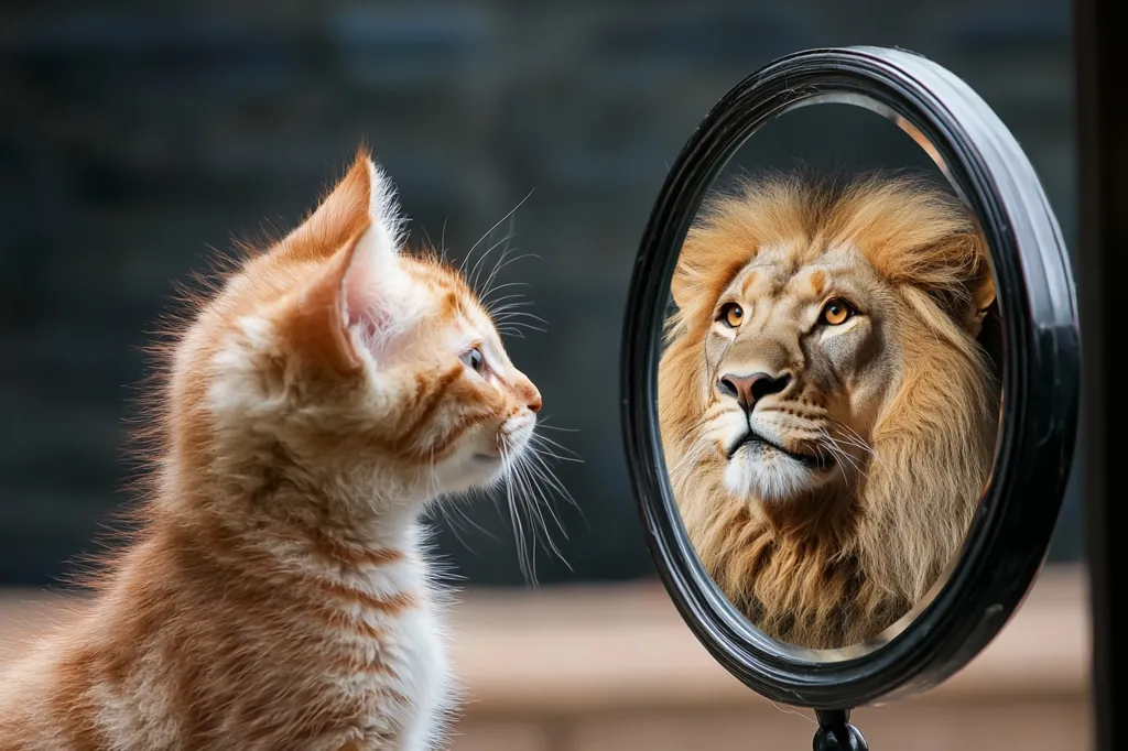 A ginger kitten looks into a round mirror, its reflection showing a majestic lion with a flowing mane. The kitten's wide eyes seem to be filled with wonder and perhaps a touch of fear. The image suggests a contrast between innocence and power, with the kitten symbolizing potential and the lion representing strength and confidence. The scene encourages viewers to reflect on their own inner strength and the potential they possess.