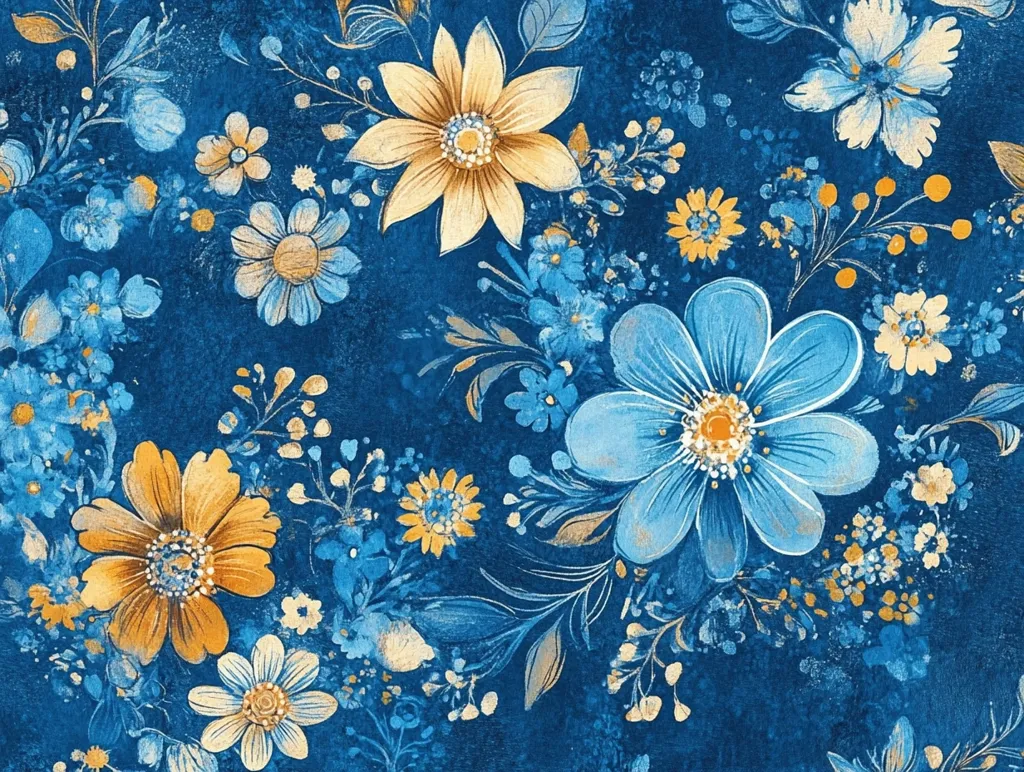 The image is a floral pattern on a blue background.  The flowers are in various shades of blue, yellow, and white.  They are painted in a watercolor style and have a textured, almost vintage look.  The design is busy and intricate, with many overlapping blooms and leaves.  The overall effect is one of cheerful beauty and springtime abundance.