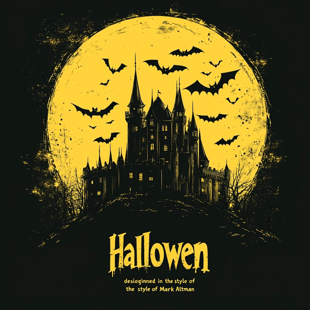 A black silhouette of a gothic castle stands on a hill against a backdrop of a large, yellow moon with a grunge texture. Bats fly around the moon, adding to the spooky ambiance. The text "Halloween" is written in dripping yellow letters below the castle, with a caption noting it's designed in the style of Mark Altman. The overall feel is dark and whimsical, evoking a sense of mystery and magic.