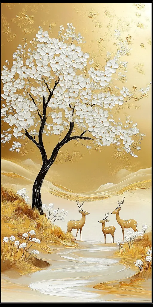 The painting depicts a golden landscape with a large, white-flowered tree in the center. The tree stands against a backdrop of rolling hills painted in shades of gold and brown. In the foreground, three deer stand near a winding stream. The painting is rendered in a painterly style with visible brushstrokes and a textured surface. The overall effect is one of serene beauty and tranquility.