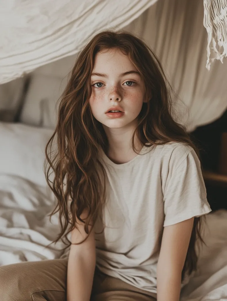 detailed photo of a young girl with wavy brown hair, sitting in a fantasy world bedroom, simple clothing, extreme detail, nervous, --ar 3:4 --v 6.1