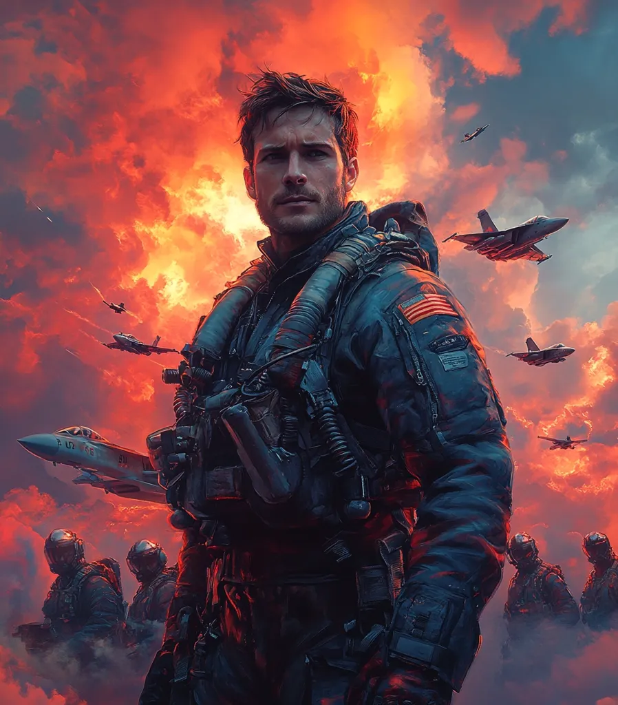A  man in a military flight suit stands against a backdrop of fiery red clouds and fighter jets. He has a determined expression on his face and is wearing a helmet and oxygen mask. The American flag patch is visible on his sleeve. The image suggests a sense of action and danger, possibly a scene from a war movie or a video game.  Other soldiers are visible in the background.