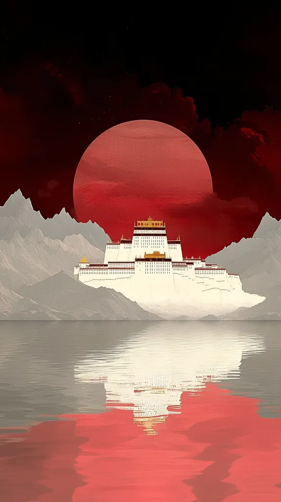 The image depicts a large, white palace-like structure nestled amidst snow-capped mountains. A giant red orb, possibly a sun or moon, hangs above, casting a warm glow on the scene. The palace is reflected in a still, glassy lake, creating a symmetrical and almost surreal composition. The dark background suggests a night sky, adding to the mystical and dreamlike atmosphere.
