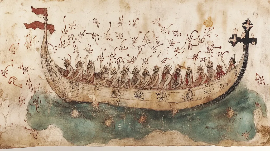 An ancient illustration depicts a long, wooden boat sailing on a teal sea. The boat is filled with people, all with horns on their heads, and some hold raised hands. Red banners and a cross are at the bow of the boat, while red dots and splotches decorate the surrounding sky.  The entire scene is rendered in a simple, medieval style, highlighting the fantastical nature of the subject.