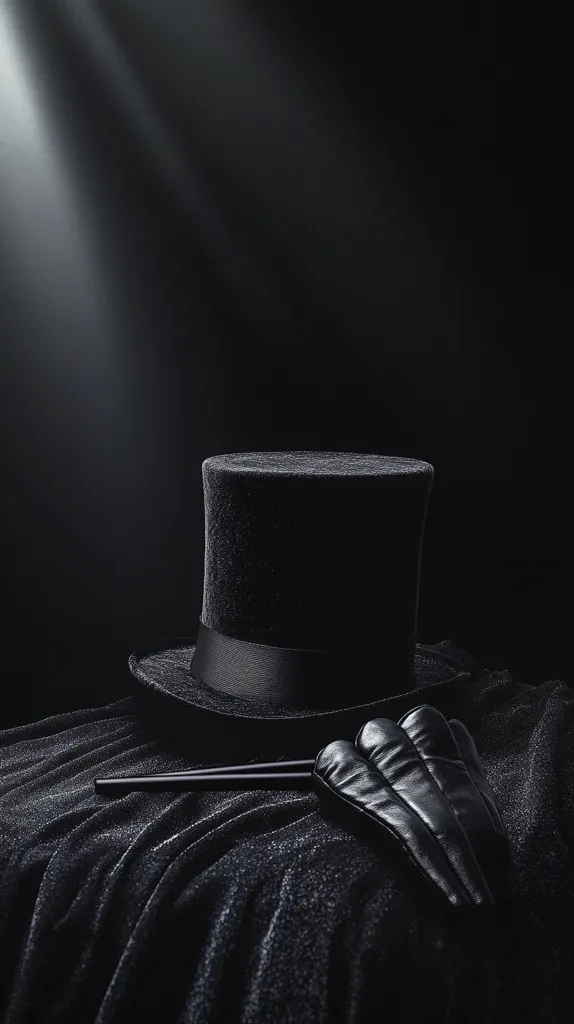A black top hat sits on a black velvet surface, with a single ray of light illuminating it from above. A black magic wand and a folded black glove lie beside the hat, creating a dramatic and mysterious scene.  The image evokes a sense of intrigue and anticipation, suggesting a performance about to begin.
