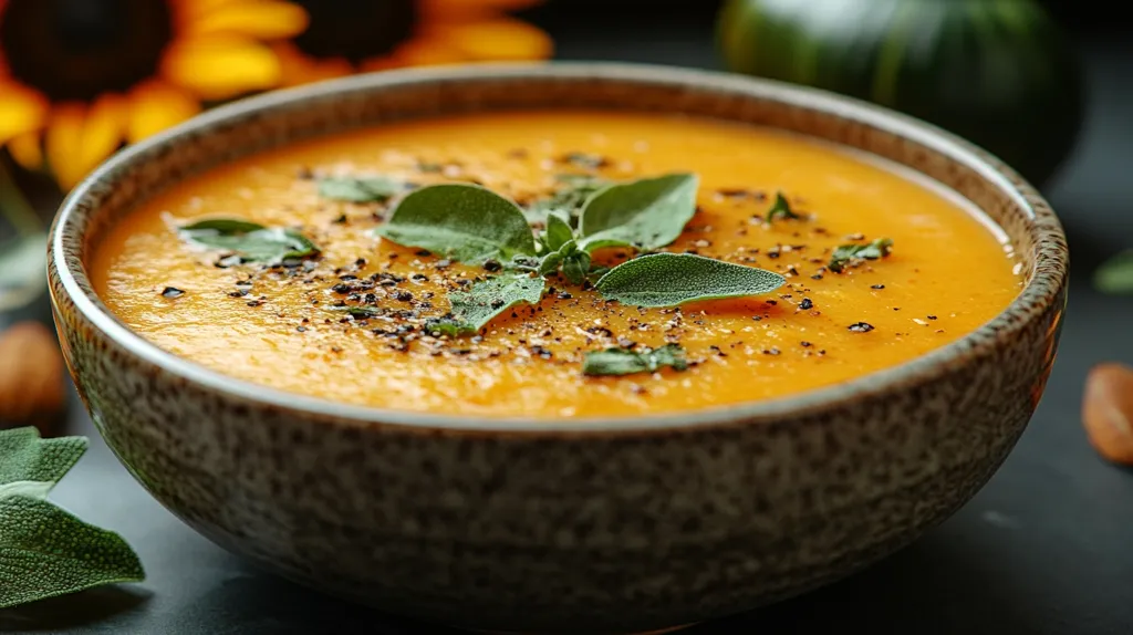 A bowl of creamy orange soup is garnished with fresh sage leaves and black pepper. The soup is steaming and the bowl is made of a dark grey ceramic with a speckled texture. The soup is likely pumpkin or butternut squash. A blurry sunflower and a green squash are out of focus in the background.  The image is warm and inviting.