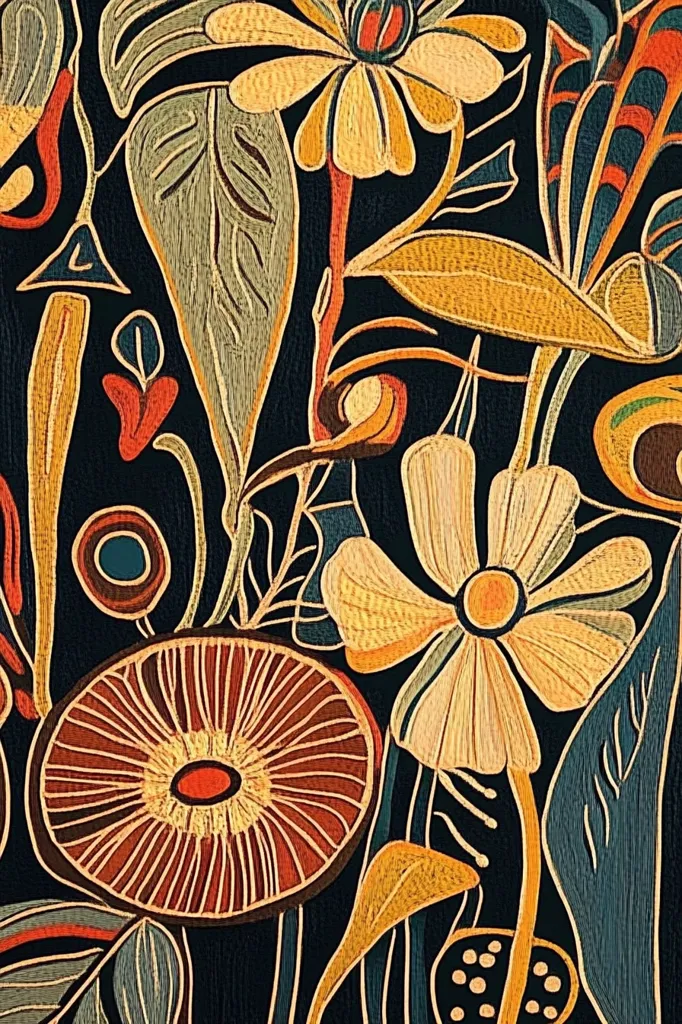The image shows a vibrant and intricate floral pattern. A large, yellow flower with a dark center takes center stage. It is surrounded by various other floral elements, including leaves, stems, and smaller flowers, all depicted in a stylized and almost geometric fashion. The background is a deep black, adding contrast to the bright colors of the flowers. The overall style of the image is reminiscent of a tapestry or embroidery, with a heavy emphasis on detail and texture.