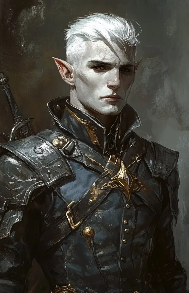 A young elf with white hair and pointed ears stands against a dark background. He wears a dark blue coat with gold accents, a leather belt, and a sword strapped to his back. His face is pale and serious, and his eyes are a deep, almost black, color. His expression is one of quiet intensity, as if he is about to embark on a dangerous journey. The lighting is dramatic, casting shadows across his face and emphasizing the sharp lines of his features.  He seems to be in deep thought or perhaps contemplating a difficult decision. The image conveys a sense of mystery and intrigue.