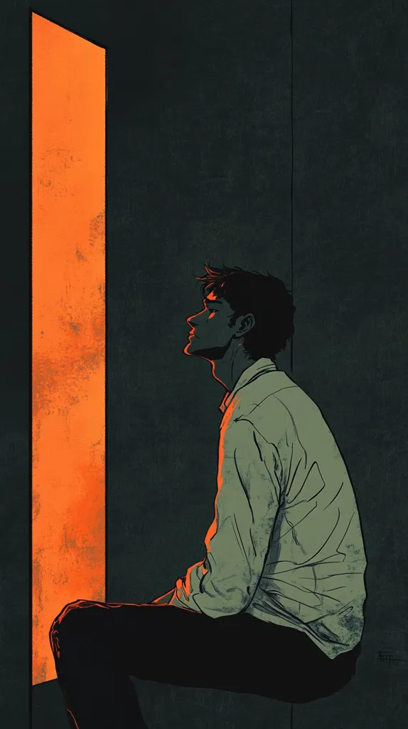 The image depicts a man sitting in a dark room, his face illuminated by a bright orange glow coming from a doorway. He gazes upwards with a thoughtful expression, his body relaxed but his posture suggesting an air of melancholy. The room is mostly in shadow, creating a sense of isolation and introspection. The stark contrast between the bright orange doorway and the dark room emphasizes the man's internal conflict and the uncertainty he faces.