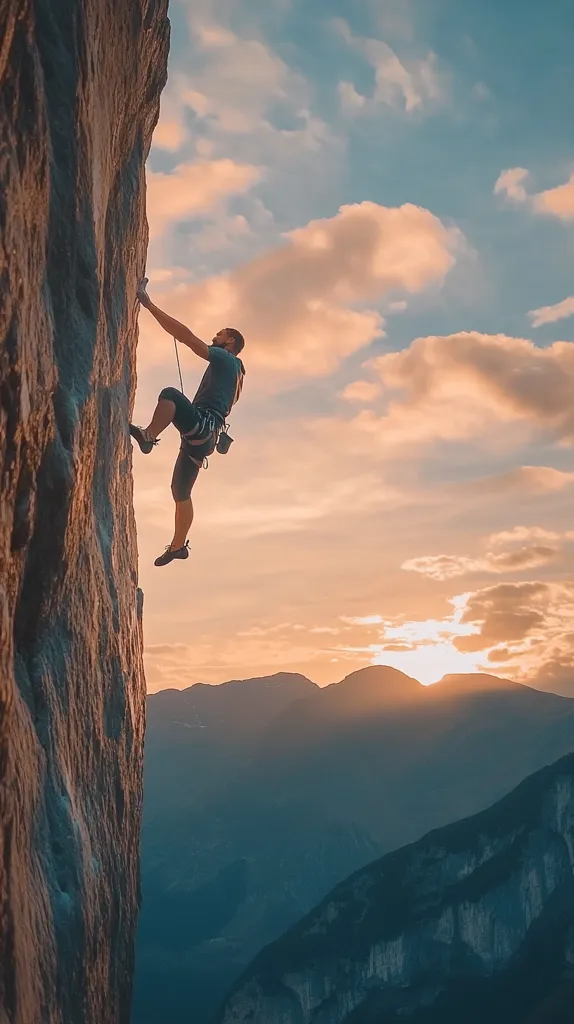 A lone rock climber scales a sheer cliff face, his body silhouetted against a backdrop of majestic mountains and a sky painted with the warm hues of a setting sun.  The climber's determination and the vastness of the natural landscape create a powerful image of human resilience and the awe-inspiring beauty of nature.