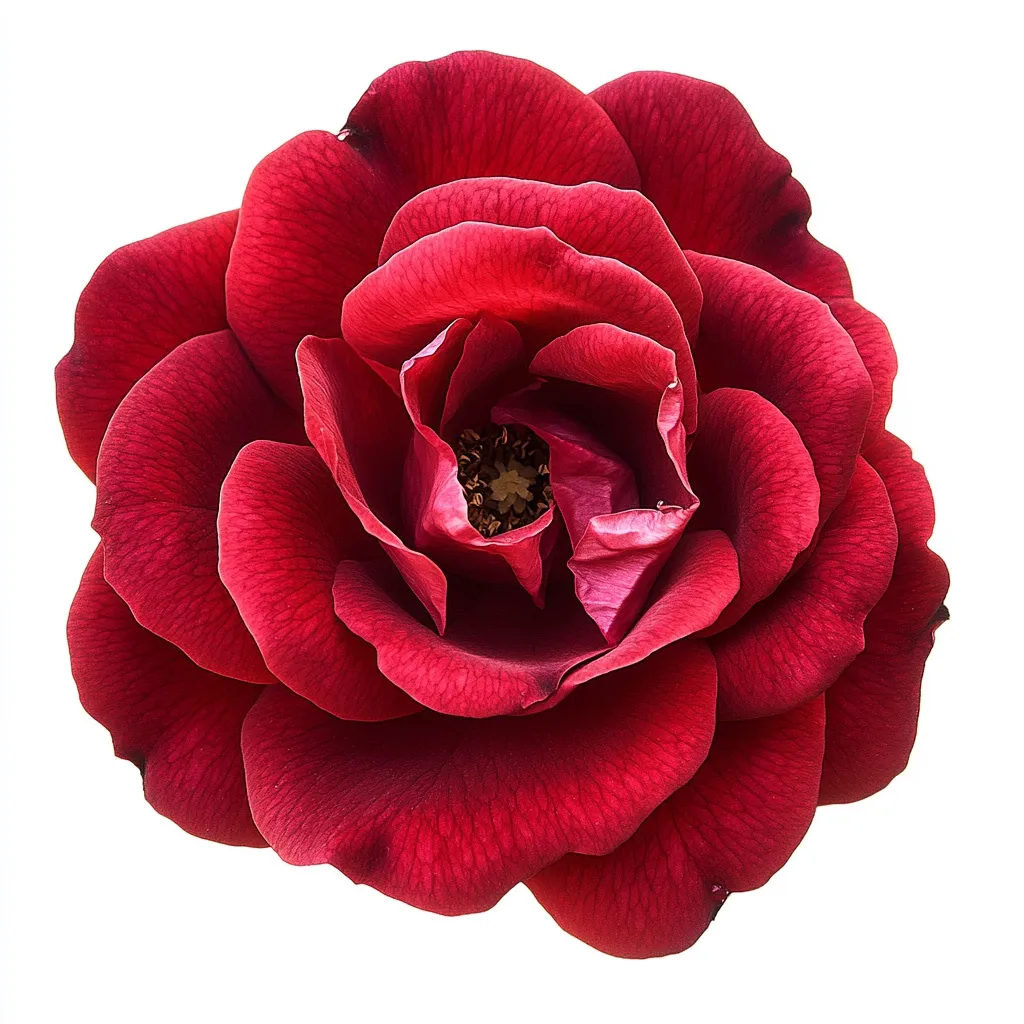 A single, perfectly formed, deep red rose with a delicate, slightly pink center. The petals are soft and velvety, with a rich, almost burgundy hue. The rose is isolated against a stark white background, making its beauty even more striking. The flower is in full bloom, with its petals unfurling gracefully. It exudes an air of elegance and romance.