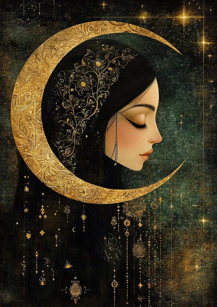 The image depicts a woman with long black hair adorned with a gold floral crown, standing within a crescent moon. The moon is ornately decorated with gold patterns, and the background is a dark green canvas dotted with gold stars and celestial symbols. The woman's eyes are closed, and her expression is serene, suggesting a sense of peace and tranquility. The overall atmosphere is one of mystical beauty and celestial harmony.