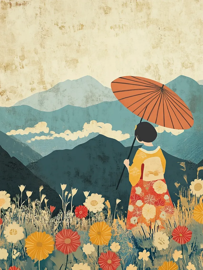 A woman in a traditional Japanese kimono stands in a field of colorful flowers, gazing towards a distant mountain range. She holds a large, orange parasol above her head. The scene is set against a textured background, reminiscent of old, faded paper, creating a nostalgic and dreamy atmosphere.  The colors are soft and muted, conveying a sense of tranquility and serenity.