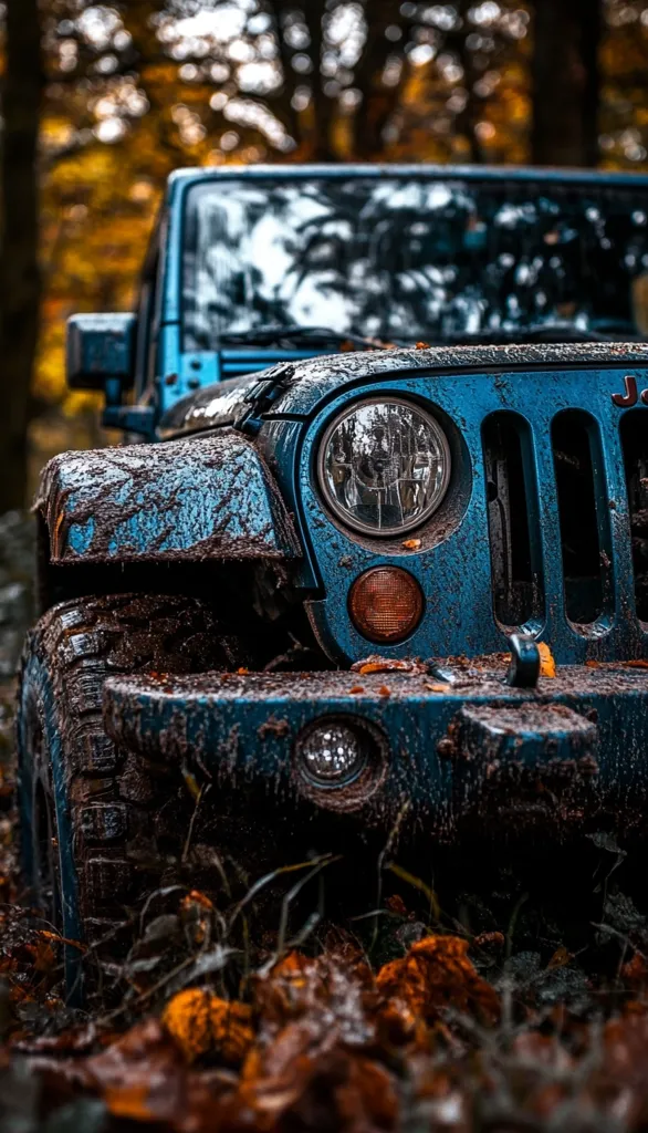 A blue Jeep Wrangler is partially submerged in mud, its headlights gleaming. The vehicle is parked in a wooded area, with fallen leaves and branches scattered around. The Jeep's rugged exterior and the muddy terrain suggest it has been off-roading. The overall image conveys a sense of adventure and the resilience of the vehicle.