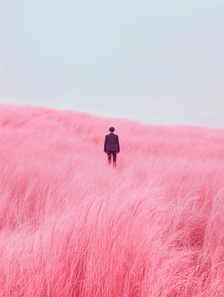 A lone figure, clad in a dark suit, walks through a field of vibrant pink grass. The sky above is a soft, pale pink, creating a surreal and dreamlike atmosphere. The man's silhouette stands out against the colorful landscape, suggesting a sense of solitude and contemplation. The image evokes a feeling of tranquility and mystery.