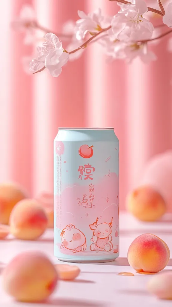 A can of peach-flavored beverage sits on a pink surface surrounded by peaches and a sprig of white blossoms. The can features a cartoon peach and two adorable characters. The background is a soft pink, creating a whimsical and delicate atmosphere.  The scene evokes a sense of sweetness and lightheartedness.