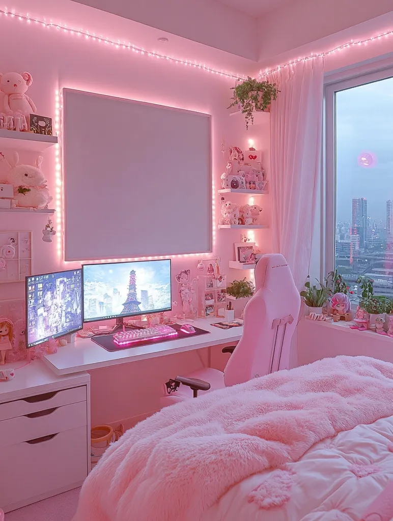 The image shows a pink and white bedroom with a large window overlooking a city skyline. The room features a white desk with two computer monitors, a pink gaming chair, and a fluffy pink blanket on the bed. The walls are painted pink and adorned with pink fairy lights. Several shelves are filled with stuffed animals and other cute decor.  The overall aesthetic is very girly and whimsical.