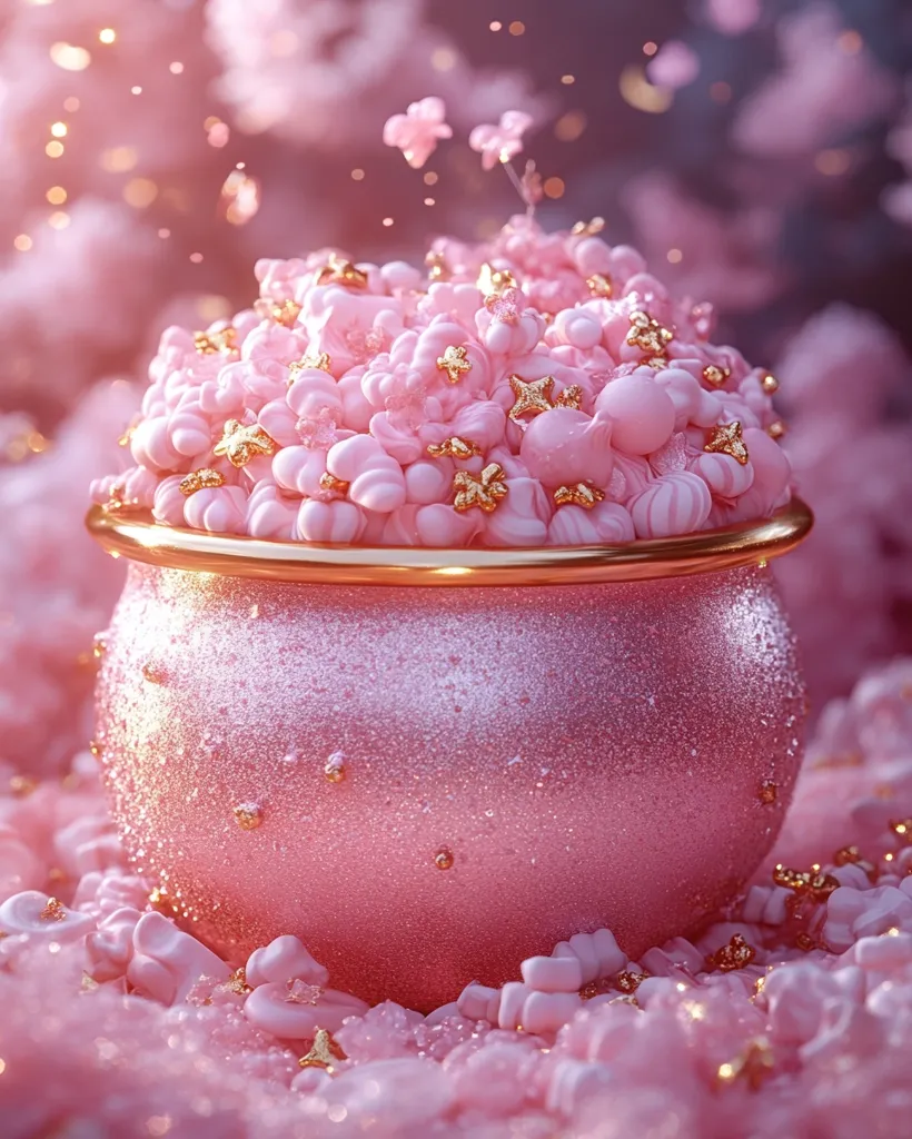 A pink, metallic pot sits on a bed of pastel pink and white, textured, candy-like shapes. The pot is overflowing with a fluffy pink substance with gold stars and other decorative shapes interspersed throughout. The pot sits against a blurry background of similar pastel pink shapes. A few gold stars float above the pot, adding to the whimsical and magical feel of the scene.