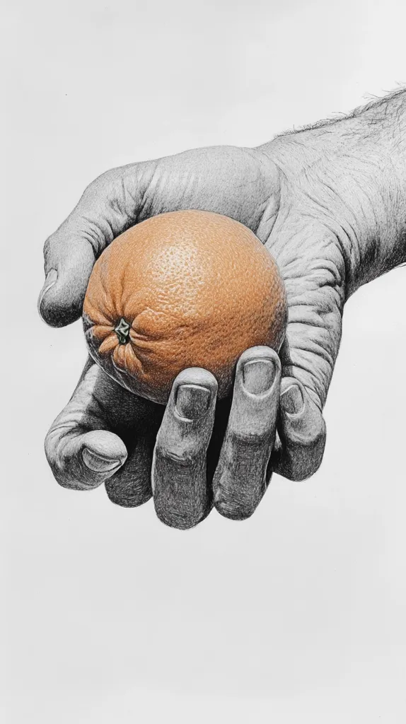 A hand, drawn in meticulous detail with a focus on the lines and textures of the skin, holds a single orange in its palm. The orange is the focal point of the image, its warm, orange tones contrasting with the cool grey tones of the hand. The composition is simple, highlighting the contrast between the delicate skin of the orange and the ruggedness of the hand. The image evokes a sense of contemplation and connection, emphasizing the simple beauty found in everyday objects.