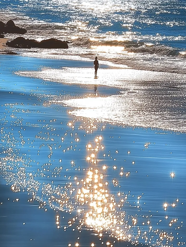 A single person walks along a sandy beach, the water reaching their ankles.  The water is a brilliant blue and shimmers with light reflections, creating a sparkling effect. The sun, obscured by the water's surface, creates a dazzling,  starry pattern of golden light on the water.