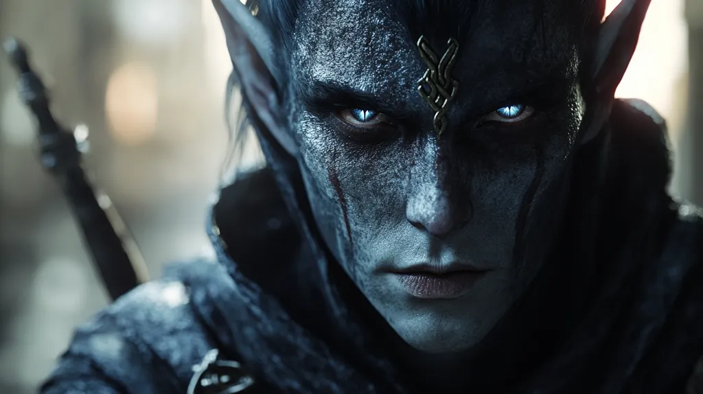 The image shows a close-up of a humanoid creature with blue skin, pointed ears, and piercing blue eyes. A golden, intricate design is etched across their forehead. Their expression is intense, with a hint of melancholy. Their dark clothing blends with the shadowy background, creating a sense of mystery and intrigue. The image evokes a sense of otherworldly power and an unknown story waiting to be told.