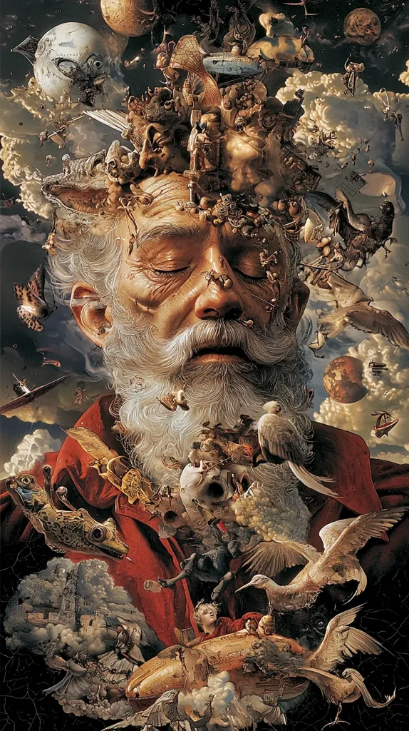 The painting depicts a bearded man with his eyes closed, surrounded by a chaotic and dreamlike collection of figures, animals, and objects. The man's face is the central focus, with a swirling mass of imagery seemingly bursting out of his head, representing a flood of thoughts and memories. Birds, fantastical creatures, and celestial bodies are dispersed throughout the painting, creating a surreal and symbolic landscape. The overall effect is one of awe and wonder, suggesting the vastness of the human mind and the endless possibilities of the imagination.