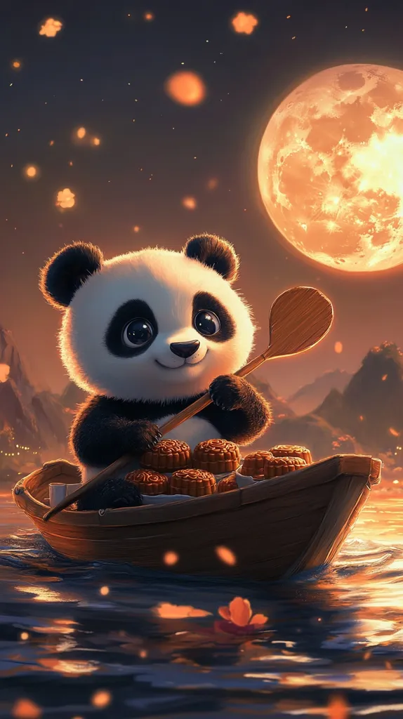 A cute panda sits in a wooden boat, paddling with a wooden oar. The boat is full of mooncakes, and the panda smiles happily. The scene is set at night, with a large, bright moon in the sky. The water is calm and reflecting the light of the moon and the surrounding stars.
