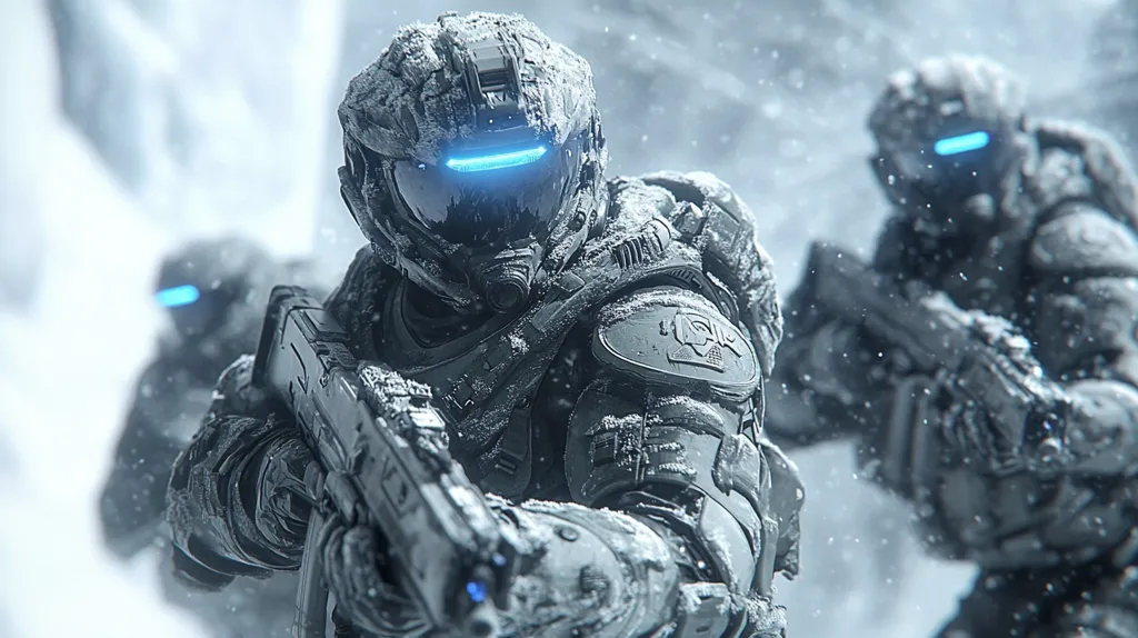 Two futuristic soldiers in heavy armor, with snow-covered helmets and visors, are shown in a snowy environment. They are armed with futuristic weaponry and appear to be on a mission. The image conveys a sense of action, danger, and a futuristic setting. The cold and snowy environment adds to the sense of isolation and peril.