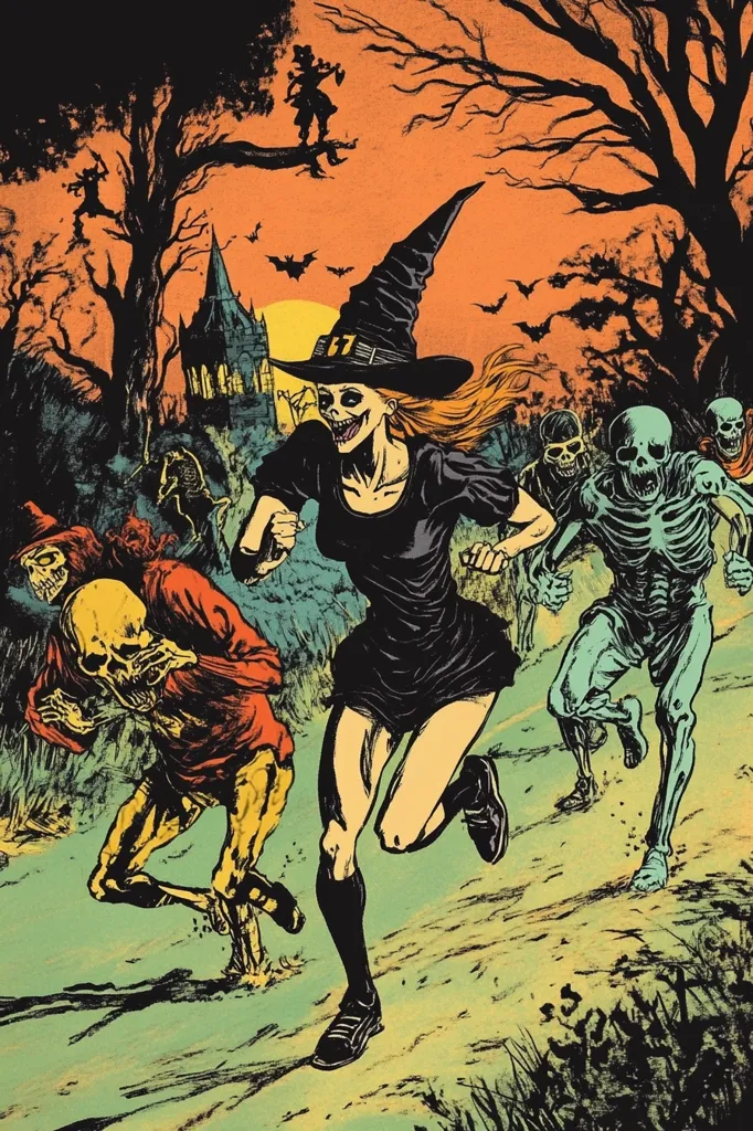 A witch in a black dress and pointy hat leads a pack of skeletons running through a dark forest. The witch has a sinister grin and a long, flowing red hair. The skeletons are dressed in rags and have glowing eyes. In the background, a spooky, gothic church looms, with bats flying overhead. The scene is bathed in an orange sunset, giving the image a haunting and eerie atmosphere.