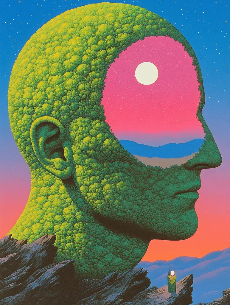 The image depicts a large, green, human-shaped figure made entirely of foliage.  Inside the figure, a human face can be seen, looking off into the distance.  The face is outlined against a pink sky with a bright white moon.  The figure is standing on a rocky outcrop.  The image is full of surrealism and imagery.  The foliage and the sky give the impression that this image is a piece of art from the 1970s or 80s.