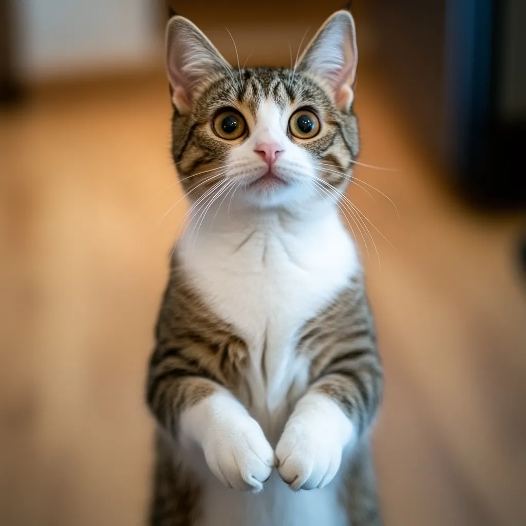A curious, brown and white tabby cat stands on its hind legs, its front paws held together in a pleading gesture. It stares directly at the camera with wide, curious eyes, its whiskers twitching.  The cat is in a blurry background, suggesting it is indoors.