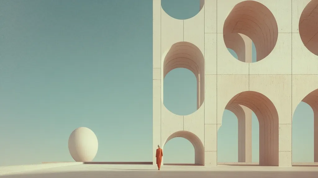 A person in orange walks towards a large, white, circular structure with a series of archways. The structure stands against a blue sky, and a large, white sphere sits in the foreground. The image is minimal and architectural, with a sense of mystery and wonder.