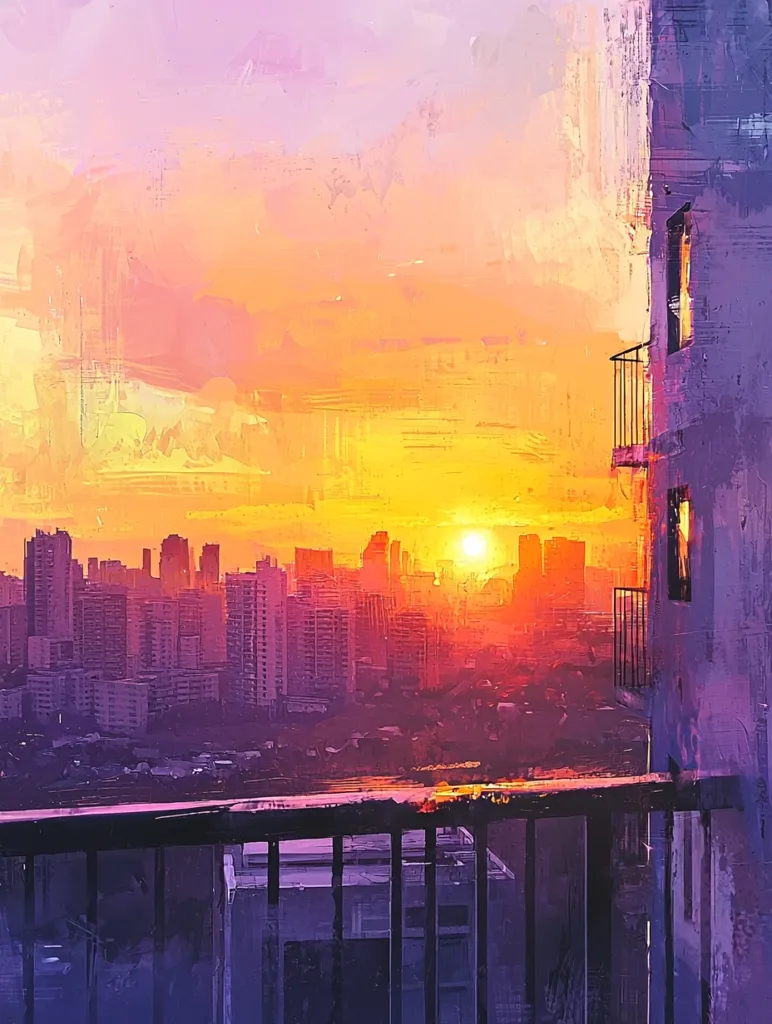 The painting depicts a cityscape at sunset from a balcony.  The sky is a vibrant mix of pink and orange, with the sun setting behind a row of buildings.  The city below is silhouetted, with a mix of tall and short buildings. The balcony railings are in the foreground, emphasizing the view.  The painting evokes a sense of peace and tranquility.