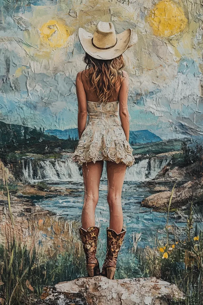 The painting depicts a woman in a white dress and cowboy hat, standing on a rock and looking out at a picturesque landscape. The scene is painted in a textured style, with visible brushstrokes and a focus on detail. The woman's back is to the viewer, creating a sense of mystery and intrigue. The backdrop features a waterfall cascading into a calm river, surrounded by lush greenery. The overall mood is serene and contemplative.