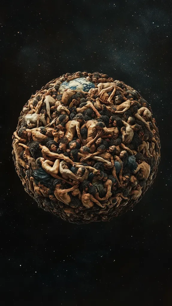 The image depicts a sphere formed by a multitude of human figures, their bodies intertwined and layered. The sphere floats against a backdrop of a starry night, resembling a planet. The figures are nude, their skin tones varying from light to dark, suggesting diversity and unity. The image evokes a sense of human connection and the vastness of the universe.