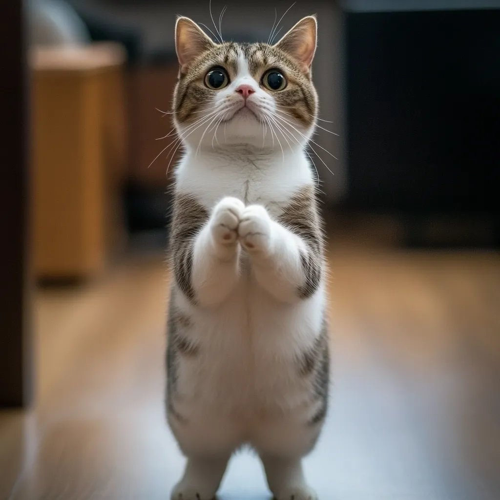 A white and tabby cat stands on its hind legs, looking up with wide, innocent eyes. Its paws are clasped together in a pleading gesture, and its tail is tucked behind its legs. The cat is standing on a wooden floor, and there is a blurred background of furniture. The cat's expression is both curious and adorable. It appears to be asking for something, perhaps a treat or attention.