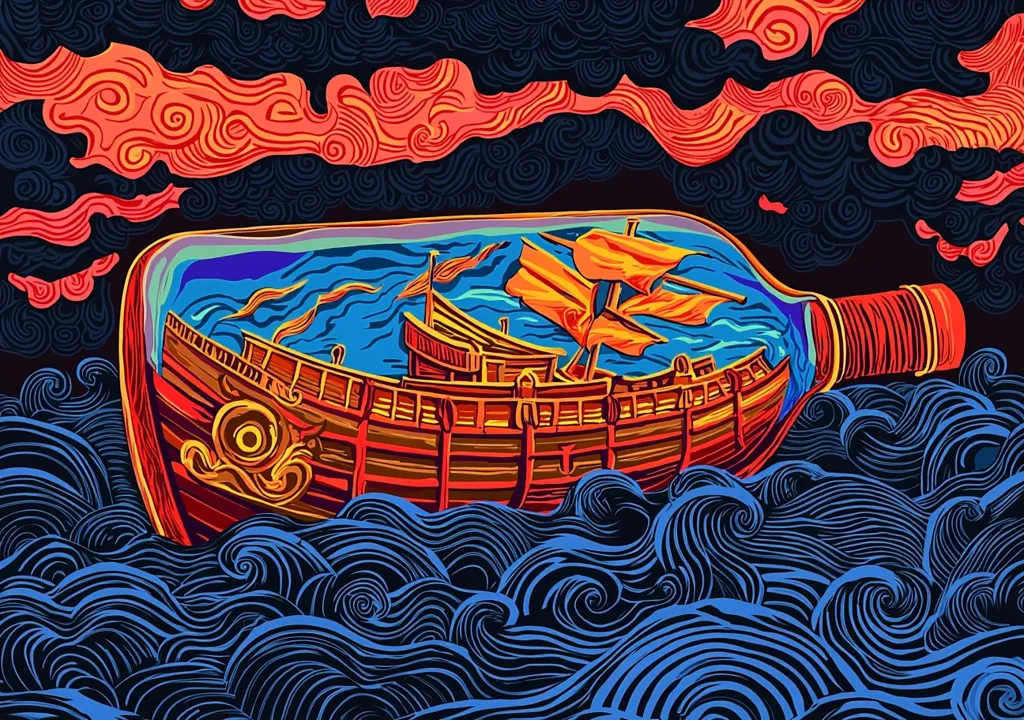 A vibrant, abstract image depicts a ship trapped inside a glass bottle, bobbing on a sea of swirling blue waves. The bottle's neck extends to the right, while the ship's sails are a vibrant orange and yellow. Above, a dark sky with swirling orange clouds adds to the whimsical, almost dreamlike scene. The intricate line work and bold colors create a captivating visual experience.