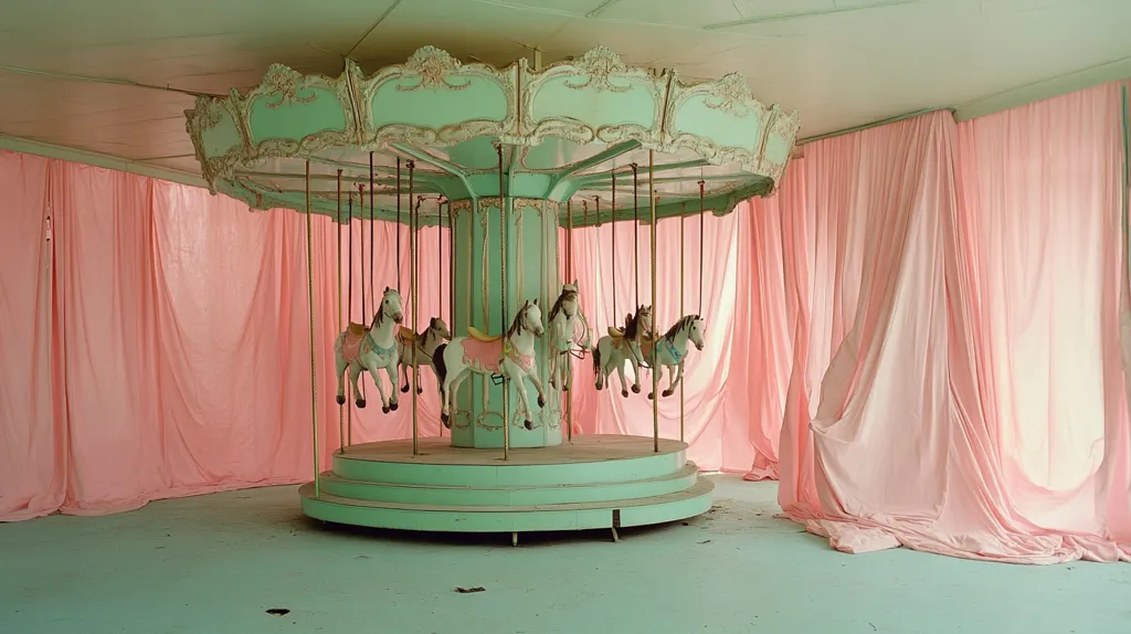The image shows a vintage carousel in a large, empty space, surrounded by pastel pink curtains. The carousel is painted mint green and has five white horses, some adorned with saddles and bridles, frozen in time. The light is soft, casting a gentle glow on the scene, creating a sense of stillness and nostalgia.
