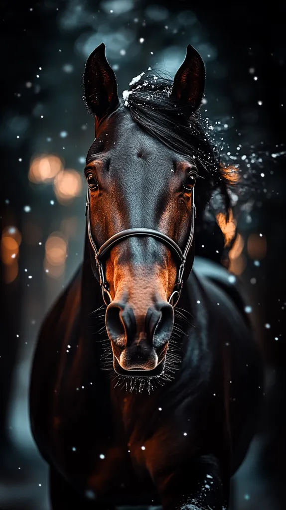 A black horse stands in a snowy forest, its dark coat highlighted by the falling snowflakes. The horse's head is turned towards the camera, its large brown eyes gazing intently. Its mane and tail are tousled by the wind, adding a sense of movement to the image. The horse is wearing a black leather halter, a subtle detail that enhances its elegance. The blurred background creates a sense of depth and mystery, making the horse the focal point of the image.  The overall effect is one of power, beauty, and tranquility.