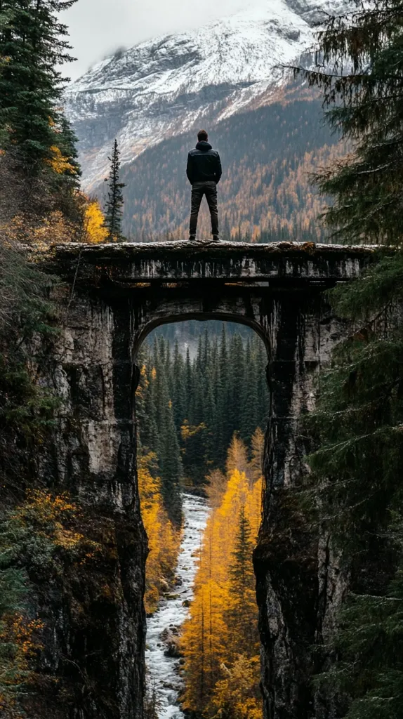 A lone figure stands on a weathered stone bridge, overlooking a valley filled with a winding stream. The view is framed by towering rock walls, covered in moss and vibrant autumn foliage.  A snowy mountain range looms in the distance, providing a dramatic backdrop to the serene landscape. The scene captures the beauty of nature and the feeling of tranquility and solitude.